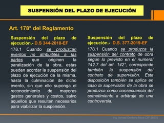 Suspensión del plazo de
ejecución.- D.S 344-2018-EF
178.1 Cuando se produzcan
eventos no atribuibles a las
partes que originen la
paralización de la obra, estas
pueden acordar la suspensión del
plazo de ejecución de la misma,
hasta la culminación de dicho
evento, sin que ello suponga el
reconocimiento de mayores
gastos generales y costos, salvo
aquellos que resulten necesarios
para viabilizar la suspensión.
Ing. Ismael Orellana Mora CIP 38933
SUSPENSIÓN DEL PLAZO DE EJECUCIÓN
Art. 178° del Reglamento
Suspensión del plazo de
ejecución.- D.S. 377-2019-EF
178.1 Cuando se produzca la
suspensión del contrato de obra
según lo previsto en el numeral
142.7 del art. 142°, corresponde
también la suspensión del
contrato de supervisión. Esta
disposición también se aplica en
caso la supervisión de la obra se
produzca como consecuencia del
sometimiento a arbitraje de una
controversia.
 