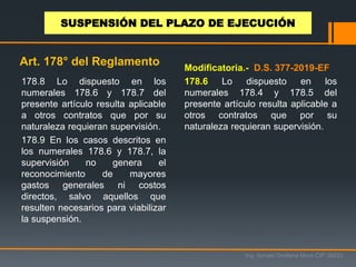 178.8 Lo dispuesto en los
numerales 178.6 y 178.7 del
presente artículo resulta aplicable
a otros contratos que por su
naturaleza requieran supervisión.
178.9 En los casos descritos en
los numerales 178.6 y 178.7, la
supervisión no genera el
reconocimiento de mayores
gastos generales ni costos
directos, salvo aquellos que
resulten necesarios para viabilizar
la suspensión.
Ing. Ismael Orellana Mora CIP 38933
SUSPENSIÓN DEL PLAZO DE EJECUCIÓN
Art. 178° del Reglamento Modificatoria.- D.S. 377-2019-EF
178.6 Lo dispuesto en los
numerales 178.4 y 178.5 del
presente artículo resulta aplicable a
otros contratos que por su
naturaleza requieran supervisión.
 
