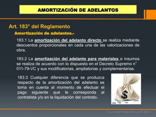 Amortización de adelantos.-
Ing. Ismael Orellana Mora CIP 38933
AMORTIZACIÓN DE ADELANTOS
Art. 183° del Reglamento
183.1 La amortización del adelanto directo se realiza mediante
descuentos proporcionales en cada una de las valorizaciones de
obra.
183.2 La amortización del adelanto para materiales e insumos
se realiza de acuerdo con lo dispuesto en el Decreto Supremo n°
011-79-VC y sus modificatorias, ampliatorias y complementarias.
183.3 Cualquier diferencia que se produzca
respecto de la amortización del adelanto se
toma en cuenta al momento de efectuar el
pago siguiente que le corresponda al
contratista y/o en la liquidación del contrato.
 