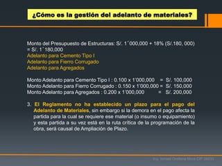 Monto del Presupuesto de Estructuras: S/. 1´000,000 + 18% (S/.180, 000)
= S/. 1´180,000
Adelanto para Cemento Tipo I
Adelanto para Fierro Corrugado
Adelanto para Agregados
Monto Adelanto para Cemento Tipo I : 0.100 x 1’000,000 = S/. 100,000
Monto Adelanto para Fierro Corrugado : 0.150 x 1’000,000 = S/. 150,000
Monto Adelanto para Agregados : 0.200 x 1’000,000 = S/. 200,000
3. El Reglamento no ha establecido un plazo para el pago del
Adelanto de Materiales, sin embargo si la demora en el pago afecta la
partida para la cual se requiere ese material (o insumo o equipamiento)
y esta partida a su vez está en la ruta crítica de la programación de la
obra, será causal de Ampliación de Plazo.
¿Cómo es la gestión del adelanto de materiales?
Ing. Ismael Orellana Mora CIP 38933
 