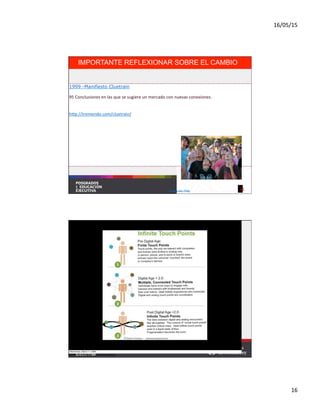 16/05/15	
  
16	
  
31	
  
1999 -Manifiesto Cluetrain
	
  
95	
  Conclusiones	
  en	
  las	
  que	
  se	
  sugiere	
  un	
  mercado	
  con	
  nuevas	
  conexiones.	
  
	
  
	
  
hqp://tremendo.com/cluetrain/	
  	
  
Foto	
  de	
  Jdn.	
  Flickr	
  	
   31	
  
IMPORTANTE REFLEXIONAR SOBRE EL CAMBIO
Fuente:	
  Tim	
  Salazar	
  /	
  Luciano	
  Johnson	
  
 