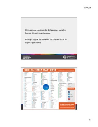16/05/15	
  
17	
  
El	
  impacto	
  y	
  crecimiento	
  de	
  las	
  redes	
  sociales	
  
hoy	
  en	
  día	
  es	
  incues=onable	
  
	
  
El	
  mapa	
  digital	
  de	
  las	
  redes	
  sociales	
  en	
  2014	
  lo	
  	
  
explica	
  por	
  sí	
  solo	
  
 