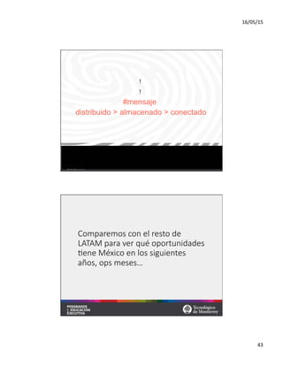 16/05/15	
  
43	
  
!
!
#mensaje
distribuido > almacenado > conectado
Comparemos  con  el  resto  de  
LATAM  para  ver  qué  oportunidades  
;ene  México  en  los  siguientes  
años,  ops  meses…
 