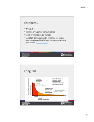 16/05/15	
  
49	
  
Entonces…
•  Web	
  2.0	
  
•  Clientes	
  en	
  lugar	
  de	
  consumidores	
  
•  Mul=	
  proliferación	
  de	
  marcas	
  
•  Long	
  tail:	
  personalización	
  extrema,	
  etc	
  ya	
  que	
  
ahora	
  cualquier	
  idea	
  le	
  hace	
  competencia	
  a	
  una	
  
gran	
  marca.	
  hqps://www.youtube.com/watch?v=sNzPlcmgTpk	
  	
  
Long  Tail
 