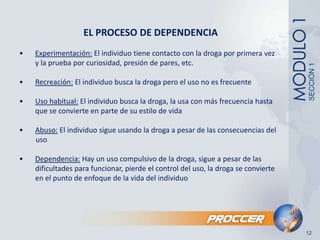 EL PROCESO DE DEPENDENCIA•	Experimentación: El individuo tiene contacto con la droga por primera vez  	y la prueba por curiosidad, presión de pares, etc. •	Recreación: El individuo busca la droga pero el uso no es frecuente•	Uso habitual: El individuo busca la droga, la usa con más frecuencia hasta 	que se convierte en parte de su estilo de vida•	Abuso: El individuo sigue usando la droga a pesar de las consecuencias del          uso•	Dependencia: Hay un uso compulsivo de la droga, sigue a pesar de las 	dificultades para funcionar, pierde el control del uso, la droga se convierte 	en el punto de enfoque de la vida del individuoSECCIÓN 112