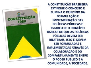 A CONSTITUIÇÃO BRASILEIRA
EXTINGUE O CONCEITO E
ELIMINA O PRINCÍPIO DA
FORMULAÇÃO E
IMPLEMENTAÇÃO DAS
POLÍTICAS PÚBLICAS E
ESTABELECE O PRINCÍPIO
BASILAR DE QUE AS POLÍTICAS
PÚBLICAS DEVEM SER
BILATERAIS, ISTO É, DEVEM
SER FORMULADAS E
IMPLEMENTADAS ATRAVÉS DA
COLABORAÇÃO E DO
COMPARTILHAMENTO ENTRE
O PODER PÚBLICO E A
COMUNIDADE, A SOCIEDADE.
 