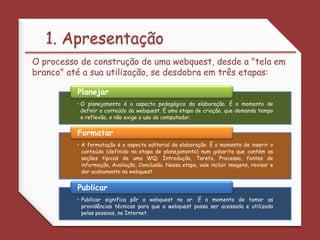 1. ApresentaçãoO processo de construção de uma webquest, desde a "tela em branco" até a sua utilização, se desdobra em três etapas: