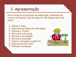 1. ApresentaçãoPara orientá-lo no processo de elaboração, montamos um roteiro de 9 passos, que abrange as três etapas descritas acima:Defina o tema Selecione as fontes de informação Delineie a Tarefa Estruture o Processo Escreva a Introdução Escreva a Conclusão Insira o conteúdo no gabarito Faça os acertos finais Publique a webquest 