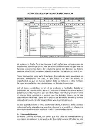 PROGRAMA DE PREVENCIÓN DEL CONSUMO DE DROGAS EN EL ÁMBITO EDUCATIVO PARA NIVEL SECUNDARIA
                                   Documento de trabajo


              PLAN DE ESTUDIOS DE LA EDUCACIÓN BÁSICA REGULAR




Al respecto, el Diseño Curricular Nacional (2008), señala que en los procesos de
enseñanza y aprendizaje que ocurren en la institución educativa influyen diversos
factores, provenientes tanto del estudiante como del docente: su historia
personal, sus afectos y emociones, el entorno escolar, contexto socio-cultural, etc.

Todos los docentes, como parte de su labor, deben atender estos aspectos de los
procesos pedagógicos. Por esto, lo que otorga a la hora de tutoría, su
especificidad, es que los tutores dedican toda su atención a estos múltiples
factores, acompañando a los estudiantes en sus distintas dimensiones.

Así, el tutor, centrándose en el rol de mediador o facilitador, basado en
habilidades de comunicación y escucha, ofrece en la hora de tutoría un espacio
para tratar asuntos relevantes para los estudiantes e interactuar y conversar sobre
sí mismos. Esto contribuirá a prevenir que los distintos factores de la vida
cotidiana del estudiante -parte de su proceso de desarrollo, entorno y realidad
sociocultural- puedan afectar su aprendizaje y su desarrollo personal.

Es claro que la tutoría no se limita a la hora de tutoría, ni a la labor de los tutores a
quienes se les ha asignado un grupo-clase, sino que la orientación es inherente a
todo el proceso formativo e involucra a toda la comunidad educativa.

b. El Desarrollo Humano
El Diseño Curricular Nacional, nos señala que esta labor de acompañamiento y
orientación se realiza en la perspectiva del desarrollo humano. Al hablar de este

                                                                                  Página | 5
 