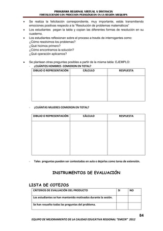 PROGRAMA REGIONAL VIRTUAL A DISTANCIA
              FORTALECIENDO LOS PROCESOS PEDAGÓGICOS EN LA REGIÓN AREQUIPA

   Se realiza la felicitación correspondiente, muy importante, estás transmitiendo
    emociones positivas respecto a la “Resolución de problemas matemáticos”
   Los estudiantes pegan la tabla y copian las diferentes formas de resolución en su
    cuaderno.
   Los estudiantes reflexionan sobre el proceso a través de interrogantes como:
    ¿Cómo resolvimos los problemas?
    ¿Qué hicimos primero?
    ¿Cómo encontramos la solución?
    ¿Qué operación aplicamos?

   Se plantean otras preguntas posibles a partir de la misma tabla: EJEMPLO:
    - ¿CUÁNTOS HOMBRES COMIERON EN TOTAL?
      DIBUJO O REPRESENTACIÓN              CÁLCULO                     RESPUESTA




    -    ¿CUÁNTAS MUJERES COMIERON EN TOTAL?

         DIBUJO O REPRESENTACIÓN               CÁLCULO                    RESPUESTA




    -    Tales preguntas pueden ser contestadas en aula o dejarlas como tarea de extensión.


                        INSTRUMENTOS DE EVALUACIÓN


    LISTA DE COTEJOS
         CRITERIOS DE EVALUACIÓN DEL PRODUCTO                            SI       NO

         Los estudiantes se han mantenido motivados durante la sesión.

         Se han resuelto todas las preguntas del problema.


                                                                                          84
        EQUIPO DE MEJORAMIENTO DE LA CALIDAD EDUCATIVA REGIONAL “EMCER” 2012
 
