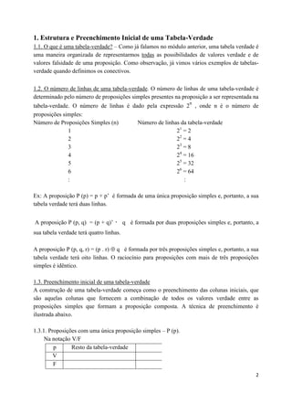 1. Estrutura e Preenchimento Inicial de uma Tabela-Verdade
1.1. O que é uma tabela-verdade? – Como já falamos no módulo anterior, uma tabela verdade é
uma maneira organizada de representarmos todas as possibilidades de valores verdade e de
valores falsidade de uma proposição. Como observação, já vimos vários exemplos de tabelas-
verdade quando definimos os conectivos.

1.2. O número de linhas de uma tabela-verdade. O número de linhas de uma tabela-verdade é
determinado pelo número de proposições simples presentes na proposição a ser representada na
                                                                    n
tabela-verdade. O número de linhas é dado pela expressão 2 , onde n é o número de
proposições simples:
Número de Proposições Simples (n)      Número de linhas da tabela-verdade
              1                                       21 = 2
              2                                       22 = 4
              3                                       23 = 8
              4                                       24 = 16
              5                                       25 = 32
              6                                       26 = 64
              :                                          :

Ex: A proposição P (p) = p + p’ é formada de uma única proposição simples e, portanto, a sua
tabela verdade terá duas linhas.


A proposição P (p, q) = (p + q)’         q é formada por duas proposições simples e, portanto, a
sua tabela verdade terá quatro linhas.

A proposição P (p, q, r) = (p . r) q é formada por três proposições simples e, portanto, a sua
tabela verdade terá oito linhas. O raciocínio para proposições com mais de três proposições
simples é idêntico.

1.3. Preenchimento inicial de uma tabela-verdade
A construção de uma tabela-verdade começa como o preenchimento das colunas iniciais, que
são aquelas colunas que fornecem a combinação de todos os valores verdade entre as
proposições simples que formam a proposição composta. A técnica de preenchimento é
ilustrada abaixo.

1.3.1. Proposições com uma única proposição simples – P (p).
     Na notação V/F
         p      Resto da tabela-verdade
         V
         F
                                                                                              2
 