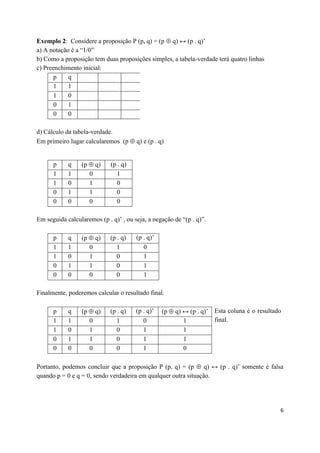 Exemplo 2: Considere a proposição P (p, q) = (p  q) ↔ (p . q)’
a) A notação é a “1/0”
b) Como a proposição tem duas proposições simples, a tabela-verdade terá quatro linhas
c) Preenchimento inicial:
       p    q
       1    1
       1    0
       0    1
       0    0

d) Cálculo da tabela-verdade.
Em primeiro lugar calcularemos (p  q) e (p . q)


      p     q    (p  q)     (p . q)
      1     1       0           1
      1     0       1           0
      0     1       1           0
      0     0       0           0

Em seguida calcularemos (p . q)’ , ou seja, a negação de “(p . q)”.

      p     q    (p  q)     (p . q)   (p . q)’
      1     1       0           1         0
      1     0       1           0         1
      0     1       1           0         1
      0     0       0           0         1

Finalmente, poderemos calcular o resultado final.

      p     q    (p  q)     (p . q)   (p . q)’   (p  q) ↔ (p . q)’   Esta coluna é o resultado
      1     1       0           1         0               1            final.
      1     0       1           0         1               1
      0     1       1           0         1               1
      0     0       0           0         1               0

Portanto, podemos concluir que a proposição P (p, q) = (p  q) ↔ (p . q)’ somente é falsa
quando p = 0 e q = 0, sendo verdadeira em qualquer outra situação.




                                                                                               6
 