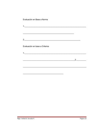 Evaluación en Base a Norma
1.________________________________________________________________
_____________________________________________________
2.__________________________________________________________
Evaluación en base a Criterios
1.________________________________________________________________
______________________________________________________2.__________
__________________________________________________________________
__________________________________________
Mgtr. Anibal A. Secaida V. Página 22
 