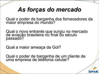 10
©The McGraw-Hill Companies, Inc., 2004
As forças do mercadoAs forças do mercado
Qual o poder de barganha dos fornecedores da
maior empresa do mundo?
Qual o novo entrante que surgiu no mercado
de aviação brasileira no final do século
passado?
Qual a maior ameaça da Gol?
Qual o poder de barganha de um cliente de
uma empresa de telefonia celular?
 