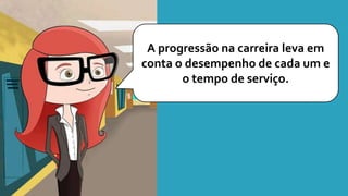 A progressão na carreira leva em
conta o desempenho de cada um e
o tempo de serviço.
 