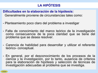 LA HIPÓTESIS
Dificultades en la elaboración de la hipótesis:
 Generalmente proviene de circunstancias tales como:

- Planteamiento poco claro del problema a investigar

- Falta de conocimiento del marco teórico de la investigación
  como consecuencia de la poca claridad que se tiene del
  problema que se desea resolver.

- Carencia de habilidad para desarrollar y utilizar el referente
  teórico- conceptual.

- En general, por el desconocimiento de los procesos de la
  ciencia y la investigación, por lo tanto, ausencia de criterios
  para la elaboración de hipótesis y selección de técnicas de
  investigación adecuadas al problema que se investiga.
 