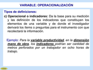 VARIABLE: OPERACIONALIZACIÓN

Tipos de definiciones:
c) Operacional o indicadores: Da la base para su medición
   y las definición de los indicadores que constituyen los
   elementos de una variable y de donde el investigador
   derivará los ítems o preguntas para el instrumento con que
   recolectará la información.

 Ejemplo: Para la variable productividad, en la dimensión
 mano de obra, los indicadores podrían ser cantidad de
 metros perforados por un trabajador en ocho horas de
 trabajo.
 