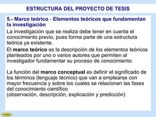 ESTRUCTURA DEL PROYECTO DE TESIS
5.- Marco teórico - Elementos teóricos que fundamentan
la investigación
La investigación que se realiza debe tener en cuenta el
conocimiento previo, pues forma parte de una estructura
teórica ya existente.
El marco teórico es la descripción de los elementos teóricos
planteados por uno o varios autores que permiten al
investigador fundamentar su proceso de conocimiento.

La función del marco conceptual es definir el significado de
los términos (lenguaje técnico) que van a emplearse con
mayor frecuencia y sobre los cuales se relacionan las fases
del conocimiento científico
(observación, descripción, explicación y predicción)
 
