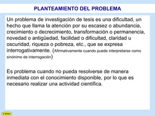 PLANTEAMIENTO DEL PROBLEMA

Un problema de investigación de tesis es una dificultad, un
hecho que llama la atención por su escasez o abundancia,
crecimiento o decrecimiento, transformación o permanencia,
novedad o antigüedad, facilidad o dificultad, claridad u
oscuridad, riqueza o pobreza, etc., que se expresa
interrogativamente. (Afirmativamente cuando puede interpretarse como
sinónimo de interrogación)


Es problema cuando no pueda resolverse de manera
inmediata con el conocimiento disponible, por lo que es
necesario realizar una actividad científica.
 