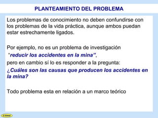 PLANTEAMIENTO DEL PROBLEMA

Los problemas de conocimiento no deben confundirse con
los problemas de la vida práctica, aunque ambos puedan
estar estrechamente ligados.

Por ejemplo, no es un problema de investigación
 “reducir los accidentes en la mina”,
pero en cambio sí lo es responder a la pregunta:
¿Cuáles son las causas que producen los accidentes en
la mina?

Todo problema esta en relación a un marco teórico
 