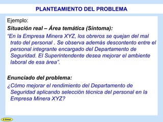 PLANTEAMIENTO DEL PROBLEMA

Ejemplo:
Situación real – Área temática (Síntoma):
“En la Empresa Minera XYZ, los obreros se quejan del mal
 trato del personal . Se observa además descontento entre el
 personal integrante encargado del Departamento de
 Seguridad. El Superintendente desea mejorar el ambiente
 laboral de esa área”.

Enunciado del problema:
¿Cómo mejorar el rendimiento del Departamento de
 Seguridad aplicando selección técnica del personal en la
 Empresa Minera XYZ?
 