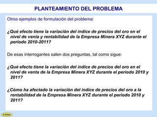 PLANTEAMIENTO DEL PROBLEMA
Otros ejemplos de formulación del problema:

¿Qué efecto tiene la variación del índice de precios del oro en el
 nivel de venta y rentabilidad de la Empresa Minera XYZ durante el
 periodo 2010-2011?

De esas interrogantes salen dos preguntas, tal como sigue:

¿Qué efecto tiene la variación del índice de precios del oro en el
 nivel de venta de la Empresa Minera XYZ durante el periodo 2010 y
 2011?

¿Cómo ha afectado la variación del índice de precios del oro a la
 rentabilidad de la Empresa Minera XYZ durante el periodo 2010 y
 2011?
 