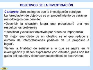 OBJETIVOS DE LA INVESTIGACIÓN

Concepto: Son los logros que la investigación persigue.
La formulación de objetivos es un procedimiento de carácter
metodológico que permite:
Describir la situación futura que prevalecerá una vez
resueltos los problemas
Identificar y clasificar objetivos por orden de importancia
“El mejor enunciado de un objetivo es el que reduce el
número de interpretaciones posibles de un propósito a
lograr”.
Tienen la finalidad de señalar a lo que se aspira en la
investigación y deben expresarse con claridad, pues son las
guías del estudio y deben ser susceptibles de alcanzarse.
 