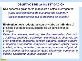 OBJETIVOS DE LA INVESTIGACIÓN
Nos podemos guiar por la respuesta a estas interrogantes:
   ¿Cuál es el conocimiento que pretendo alcanzar?
   ¿Existe concordancia con el problema de la tesis?

El objetivo debe redactarse con un verbo en infinitivo al
principio que denote la búsqueda de un conocimiento.
Ejemplo:
Determinar, evaluar, analizar, describir, desarrollar, descubrir
, clasificar, enumerar, establecer, experimentar, observar, obt
ener, proponer, comparar, percibir, capturar, acopiar, elabora
r, recolectar, concentrar, comprobar, comparar, aplicar, proba
r, inferir, aclarar, actualizar, comprender, adecuar, adquirir, d
ebatir, afirmar, definir, generar, guiar, diferenciar, comentar, e
studiar, estructurar, sugerir, explicar, etc.
-
 