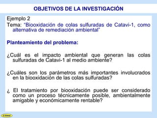 OBJETIVOS DE LA INVESTIGACIÓN
Ejemplo 2
Tema: “Biooxidación de colas sulfuradas de Catavi-1, como
  alternativa de remediación ambiental”

Planteamiento del problema:

¿Cuál es el impacto ambiental que generan las colas
  sulfuradas de Catavi-1 al medio ambiente?

¿Cuáles son los parámetros más importantes involucrados
  en la biooxidación de las colas sulfuradas?

¿ El tratamiento por biooxidación puede ser considerado
  como un proceso técnicamente posible, ambientalmente
  amigable y económicamente rentable?
 