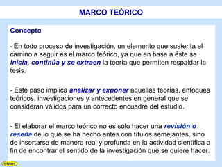 MARCO TEÓRICO

Concepto

- En todo proceso de investigación, un elemento que sustenta el
camino a seguir es el marco teórico, ya que en base a éste se
inicia, continúa y se extraen la teoría que permiten respaldar la
tesis.

- Este paso implica analizar y exponer aquellas teorías, enfoques
teóricos, investigaciones y antecedentes en general que se
consideran válidos para un correcto encuadre del estudio.

- El elaborar el marco teórico no es sólo hacer una revisión o
reseña de lo que se ha hecho antes con títulos semejantes, sino
de insertarse de manera real y profunda en la actividad científica a
fin de encontrar el sentido de la investigación que se quiere hacer.
 