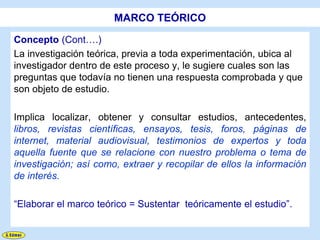 MARCO TEÓRICO

Concepto (Cont….)
La investigación teórica, previa a toda experimentación, ubica al
investigador dentro de este proceso y, le sugiere cuales son las
preguntas que todavía no tienen una respuesta comprobada y que
son objeto de estudio.

Implica localizar, obtener y consultar estudios, antecedentes,
libros, revistas científicas, ensayos, tesis, foros, páginas de
internet, material audiovisual, testimonios de expertos y toda
aquella fuente que se relacione con nuestro problema o tema de
investigación; así como, extraer y recopilar de ellos la información
de interés.

“Elaborar el marco teórico = Sustentar teóricamente el estudio”.
 