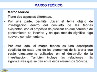 MARCO TEÓRICO

  Marco teórico
  Tiene dos aspectos diferentes.
- Por una parte, permite ubicar el tema objeto de
  investigación dentro del conjunto de las teorías
  existentes, con el propósito de precisar en que corriente de
  pensamiento se inscribe y en que medida significa algo
  nuevo o complementario.

- Por otro lado, el marco teórico es una descripción
  detallada de cada uno de los elementos de la teoría que
  serán directamente utilizados en el desarrollo de la
  investigación. También incluye las relaciones más
  significativas que se dan entre esos elementos teóricos.
 