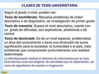 CLASES DE TESIS UNIVERSITARIA

Según el grado o nivel, pueden ser:
Tesis de bachillerato: Resuelve problemas de orden
descriptivo o de diagnóstico, es investigación de primer grado
Tesis de maestría: Supera el nivel descriptivo, cuenta con
un grado de dificultad, son explicativas, predictivas o de
control
Tesis de doctorado: Es de un nivel especial, problematiza
un área del conocimiento o tiene una dimensión de suma
significación para la sociedad, la humanidad o el país, trata
problemas que comprometen profundamente una realidad
determinada
La dificultad puede medirse en términos de instrumentos que se usan,
tanto teóricos como tecnológicos, de actividades que se implementan, así
como de ingredientes de creación e imaginación
 