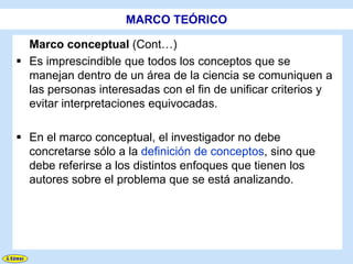 MARCO TEÓRICO

  Marco conceptual (Cont…)
 Es imprescindible que todos los conceptos que se
  manejan dentro de un área de la ciencia se comuniquen a
  las personas interesadas con el fin de unificar criterios y
  evitar interpretaciones equivocadas.

 En el marco conceptual, el investigador no debe
  concretarse sólo a la definición de conceptos, sino que
  debe referirse a los distintos enfoques que tienen los
  autores sobre el problema que se está analizando.
 
