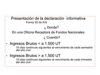 Presentación de la declaración informativa :
             Forma 30 de IVA
                       ¿ Donde?
   En una Oficina Receptora de Fondos Nacionales.
                           ¿ Cuando?
- Ingresos Brutos < a 1.500 UT
     15 días continuos siguientes al vencimiento de cada semestre
     del año civil

- Ingresos Brutos > a 1.500 UT
     15 días continuos siguientes al vencimiento de cada trimestre
     del año civil
 
