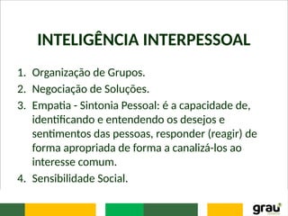 INTELIGÊNCIA INTERPESSOAL
1. Organização de Grupos.
2. Negociação de Soluções.
3. Empatia - Sintonia Pessoal: é a capacidade de,
identificando e entendendo os desejos e
sentimentos das pessoas, responder (reagir) de
forma apropriada de forma a canalizá-los ao
interesse comum.
4. Sensibilidade Social.
 