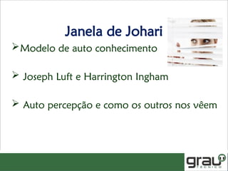 Janela de Johari
Modelo de auto conhecimento
 Joseph Luft e Harrington Ingham
 Auto percepção e como os outros nos vêem
 