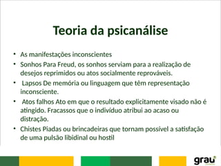 Teoria da psicanálise
• As manifestações inconscientes
• Sonhos Para Freud, os sonhos serviam para a realização de
desejos reprimidos ou atos socialmente reprováveis.
• Lapsos De memória ou linguagem que têm representação
inconsciente.
• Atos falhos Ato em que o resultado explicitamente visado não é
atingido. Fracassos que o indivíduo atribui ao acaso ou
distração.
• Chistes Piadas ou brincadeiras que tornam possível a satisfação
de uma pulsão libidinal ou hostil
 