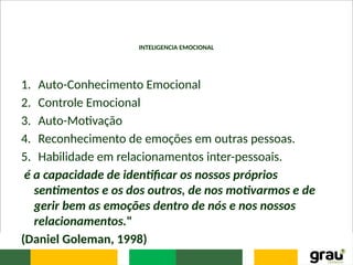 INTELIGENCIA EMOCIONAL
1. Auto-Conhecimento Emocional
2. Controle Emocional
3. Auto-Motivação
4. Reconhecimento de emoções em outras pessoas.
5. Habilidade em relacionamentos inter-pessoais.
é a capacidade de identificar os nossos próprios
sentimentos e os dos outros, de nos motivarmos e de
gerir bem as emoções dentro de nós e nos nossos
relacionamentos."
(Daniel Goleman, 1998)
 