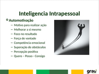Inteligencia Intrapessoal
 Automotivação
– Motivo para realizar ação
– Melhorar a si mesmo
– Foco no resultado
– Força de vontade
– Competência emocional
– Superação de obstáculos
– Percepção positiva
– Quero – Posso - Consigo
 