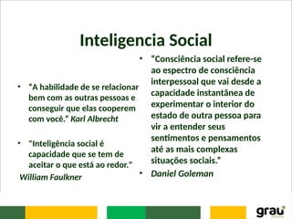 Inteligencia Social
• “A habilidade de se relacionar
bem com as outras pessoas e
conseguir que elas cooperem
com você.” Karl Albrecht
• "Inteligência social é
capacidade que se tem de
aceitar o que está ao redor."
William Faulkner
• “Consciência social refere-se
ao espectro de consciência
interpessoal que vai desde a
capacidade instantânea de
experimentar o interior do
estado de outra pessoa para
vir a entender seus
sentimentos e pensamentos
até as mais complexas
situações sociais.”
• Daniel Goleman
 
