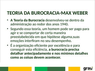 TEORIA DA BUROCRACIA-MAX WEBER
• A Teoria da Burocracia desenvolveu-se dentro da
administração ao redor dos anos 1940.
• Segundo essa teoria, um homem pode ser pago para
agir e se comportar de certa maneira
preestabelecida em que hipótese alguma,suas
emoções interfiram no seu desempenho.
• É a organização eficiente por excelência e para
conseguir esta eficiência, a burocracia precisa
detalhar antecipadamente e nos mínimos detalhes
como as coisas devem acontecer.
 