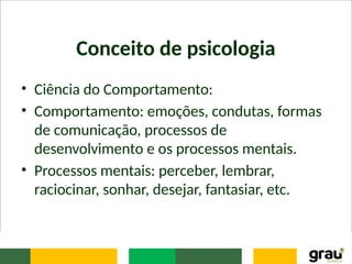 Conceito de psicologia
• Ciência do Comportamento:
• Comportamento: emoções, condutas, formas
de comunicação, processos de
desenvolvimento e os processos mentais.
• Processos mentais: perceber, lembrar,
raciocinar, sonhar, desejar, fantasiar, etc.
 