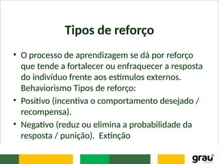 Tipos de reforço
• O processo de aprendizagem se dá por reforço
que tende a fortalecer ou enfraquecer a resposta
do indivíduo frente aos estímulos externos.
Behaviorismo Tipos de reforço:
• Positivo (incentiva o comportamento desejado /
recompensa).
• Negativo (reduz ou elimina a probabilidade da
resposta / punição). Extinção
 