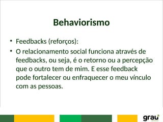 Behaviorismo
• Feedbacks (reforços):
• O relacionamento social funciona através de
feedbacks, ou seja, é o retorno ou a percepção
que o outro tem de mim. E esse feedback
pode fortalecer ou enfraquecer o meu vínculo
com as pessoas.
 