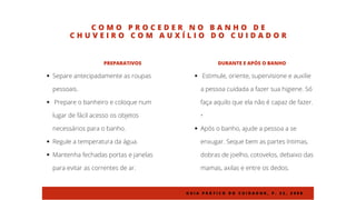 C O M O P R O C E D E R N O B A N H O D E
C H U V E I R O C O M A U X Í L I O D O C U I D A D O R
Separe antecipadamente as roupas
pessoais.
Prepare o banheiro e coloque num
lugar de fácil acesso os objetos
necessários para o banho.
Regule a temperatura da água.
Mantenha fechadas portas e janelas
para evitar as correntes de ar.
PREPARATIVOS
Estimule, oriente, supervisione e auxilie
a pessoa cuidada a fazer sua higiene. Só
faça aquilo que ela não é capaz de fazer.
•
Após o banho, ajude a pessoa a se
enxugar. Seque bem as partes íntimas,
dobras de joelho, cotovelos, debaixo das
mamas, axilas e entre os dedos.
DURANTE E APÓS O BANHO
G U I A P R Á T I C O D O C U I D A D O R , P . 2 2 , 2 0 0 8
 