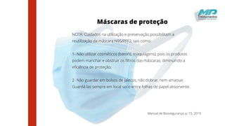 Manual de Biossegurança, p. 15, 2019
Máscaras de proteção
NOTA: Cuidados na utilização e preservação possibilitam a
reutilização da máscara N95/PFF2, tais como:
1- Não utilizar cosméticos (batons, maquiagens), pois os produtos
podem manchar e obstruir os filtros das máscaras, diminuindo a
eficiência de proteção;
2- Não guardar em bolsos de jalecos, não dobrar, nem amassar.
Guardá-las sempre em local seco entre folhas de papel absorvente.
 