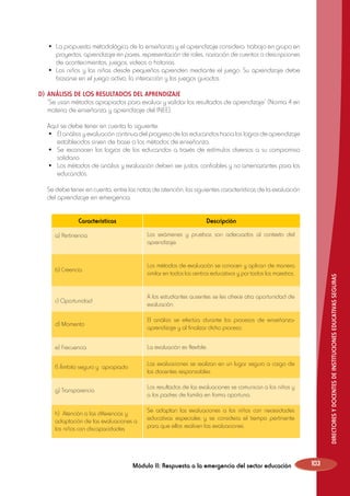 •	 La propuesta metodológica de la enseñanza y el aprendizaje considera: trabajo en grupo en
proyectos, aprendizaje en pares, representación de roles, narración de cuentos o descripciones
de acontecimientos, juegos, videos o historias.
•	 Los niños y las niñas desde pequeños aprenden mediante el juego. Su aprendizaje debe
basarse en el juego activo, la interacción y los juegos guiados.

D)	 ANÁLISIS DE LOS RESULTADOS DEL APRENDIZAJE
	 “Se usan métodos apropiados para evaluar y validar los resultados de aprendizaje” (Norma 4 en
materia de enseñanza y aprendizaje del INEE).

	
	
	

Aquí se debe tener en cuenta lo siguiente:
•	 El análisis y evaluación continua del progreso de los educandos hacia los logros de aprendizaje
establecidos sirven de base a los métodos de enseñanza.
•	 Se reconocen los logros de los educandos a través de estímulos diversos a su compromiso
solidario.
•	 Los métodos de análisis y evaluación deben ser justos, confiables y no amenazantes para los
educandos.
Se debe tener en cuenta, entre las notas de atención, las siguientes características de la evaluación
del aprendizaje en emergencia.
Características

Descripción

a) Pertinencia

Los exámenes y pruebas son adecuados al contexto del
aprendizaje.

b) Creencia

Los métodos de evaluación se conocen y aplican de manera
similar en todos los centros educativos y por todos los maestros.

c) Oportunidad

A los estudiantes ausentes se les ofrece otra oportunidad de
evaluación.

d) Momento

El análisis se efectúa durante los procesos de enseñanzaaprendizaje y al finalizar dicho proceso.

e) Frecuencia

La evaluación es flexible.

f) Ámbito seguro y apropiado

Las evaluaciones se realizan en un lugar seguro a cargo de
los docentes responsables.

g) Transparencia

Los resultados de las evaluaciones se comunican a los niños y
a los padres de familia en forma oportuna.

h) Atención a las diferencias y
adaptación de las evaluaciones a
los niños con discapacidades

Se adaptan las evaluaciones a los niños con necesidades
educativas especiales y se considera el tiempo pertinente
para que ellos realicen las evaluaciones.

Módulo II: Respuesta a la emergencia del sector educación

DIRECTORES Y DOCENTES DE INSTITUCIONES EDUCATIVAS SEGURAS

	
	

103

 