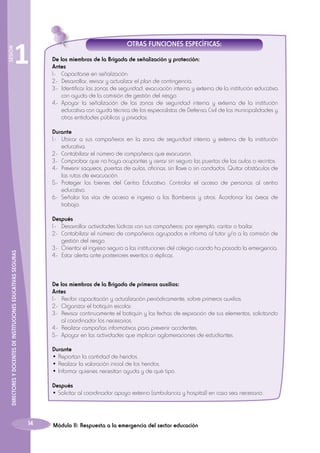 SESIÓN

1

OTRAS FUNCIONES ESPECÍFICAS:
De los miembros de la Brigada de señalización y protección:
Antes
1.-	 Capacitarse en señalización.
2.-	 Desarrollar, revisar y actualizar el plan de contingencia.
3.-	 Identificar las zonas de seguridad, evacuación interna y externa de la institución educativa
con ayuda de la comisión de gestión del riesgo.
4.-	 Apoyar la señalización de las zonas de seguridad interna y externa de la institución
educativa con ayuda técnica de los especialistas de Defensa Civil de las municipalidades y
otras entidades públicas y privadas.
Durante
1.-	 Ubicar a sus compañeros en la zona de seguridad interna y externa de la institución
educativa.
2.-	 Contabilizar el número de compañeros que evacuaron.
3.-	 Comprobar que no haya ocupantes y cerrar sin seguro las puertas de las aulas o recintos.
4.-	 Prevenir saqueos, puertas de aulas, oficinas, sin llave o sin candados. Quitar obstáculos de
las rutas de evacuación.
5.-	 Proteger los bienes del Centro Educativo. Controlar el acceso de personas al centro
educativo.
6.-	 Señalar las vías de acceso e ingreso a los Bomberos y otros. Acordonar las áreas de
trabajo.

DIRECTORES Y DOCENTES DE INSTITUCIONES EDUCATIVAS SEGURAS

Después
1.-	 Desarrollar actividades lúdicas con sus compañeros; por ejemplo, cantar o bailar.
2.-	 Contabilizar el número de compañeros agrupados e informa al tutor y/o a la comisión de
gestión del riesgo.
3.-	 Orientar el ingreso seguro a las instituciones del colegio cuando ha pasado la emergencia.
4.-	 Estar alerta ante posteriores eventos o réplicas.

De los miembros de la Brigada de primeros auxilios:
Antes
1.- 	 Recibir capacitación y actualización periódicamente, sobre primeros auxilios.
2.- 	Organizar el botiquín escolar.
3.-	 Revisar continuamente el botiquín y las fechas de expiración de sus elementos, solicitando
al coordinador los necesarios.
4.-	 Realizar campañas informativas para prevenir accidentes.
5.-	 Apoyar en las actividades que implican aglomeraciones de estudiantes.
Durante
• Reportan la cantidad de heridos.
• Realizar la valoración inicial de los heridos.
• Informar quienes necesitan ayuda y de qué tipo.
Después
• Solicitar al coordinador apoyo externo (ambulancia y hospital) en caso sea necesario.

14

Módulo II: Respuesta a la emergencia del sector educación

 