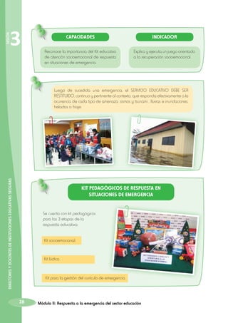 SESIÓN

3

CAPACIDADES

INDICADOR

Reconoce la importancia del Kit educativo
de atención socioemocional de respuesta
en situaciones de emergencia.

Explica y ejecuta un juego orientado
a la recuperación socioemocional.

DIRECTORES Y DOCENTES DE INSTITUCIONES EDUCATIVAS SEGURAS

Luego de sucedida una emergencia, el SERVICIO EDUCATIVO DEBE SER
RESTITUIDO, continuo y pertinente al contexto, que responda efectivamente a la
ocurrencia de cada tipo de amenaza: sismos y tsunami , lluvias e inundaciones,
heladas o friaje.

Kit Pedagógicos de Respuesta en
Situaciones de Emergencia
Se cuenta con kit pedagógicos
para las 3 etapas de la
respuesta educativa:
Kit socioemocional.

Kit lúdico.

Kit para la gestión del currículo de emergencia.

28

Módulo II: Respuesta a la emergencia del sector educación

 